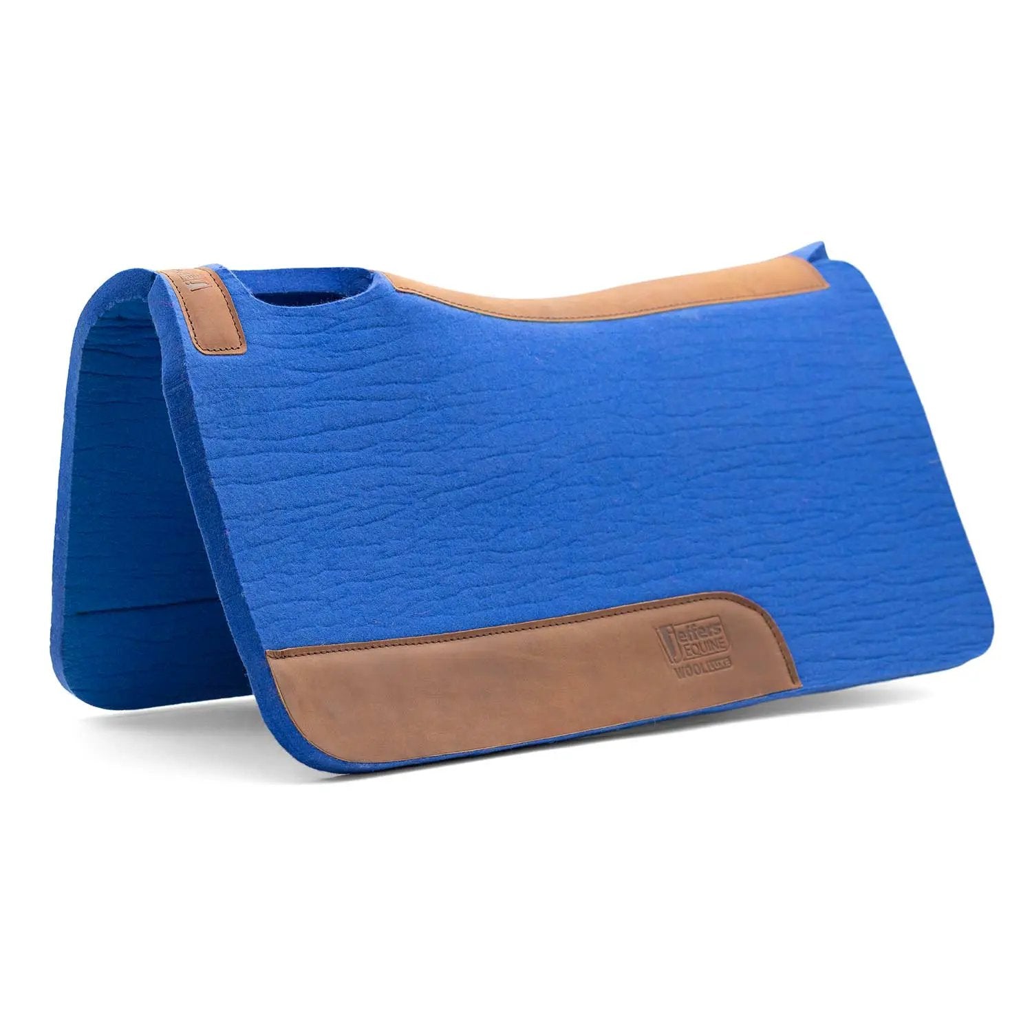 Jeffers WoolLuxe 100% Wool equine saddle pad, blue with tan leather trim.