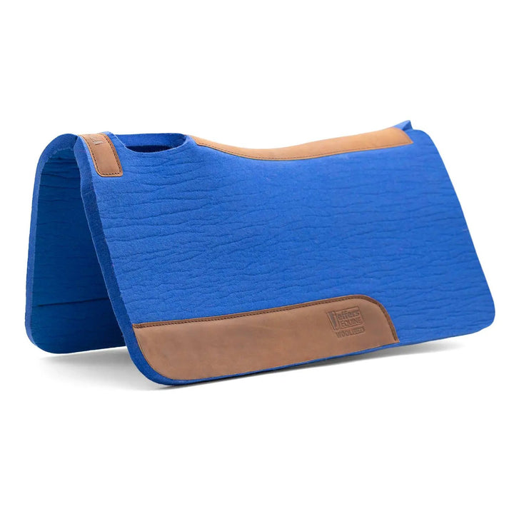 Jeffers WoolLuxe 100% Wool equine saddle pad, blue with tan leather trim.