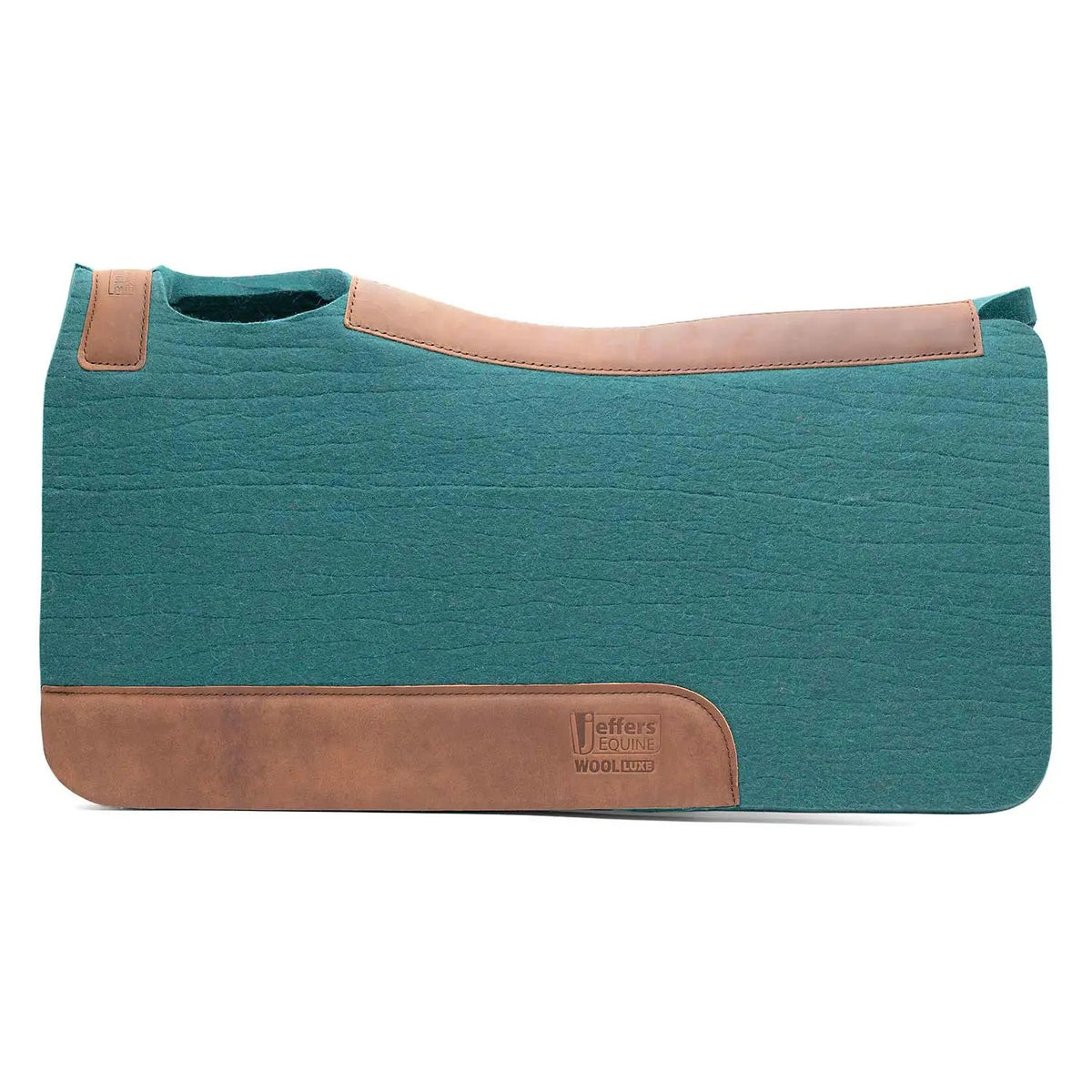 Jeffers WoolLuxe saddle pad; teal wool with tan leather trim, cushioned.