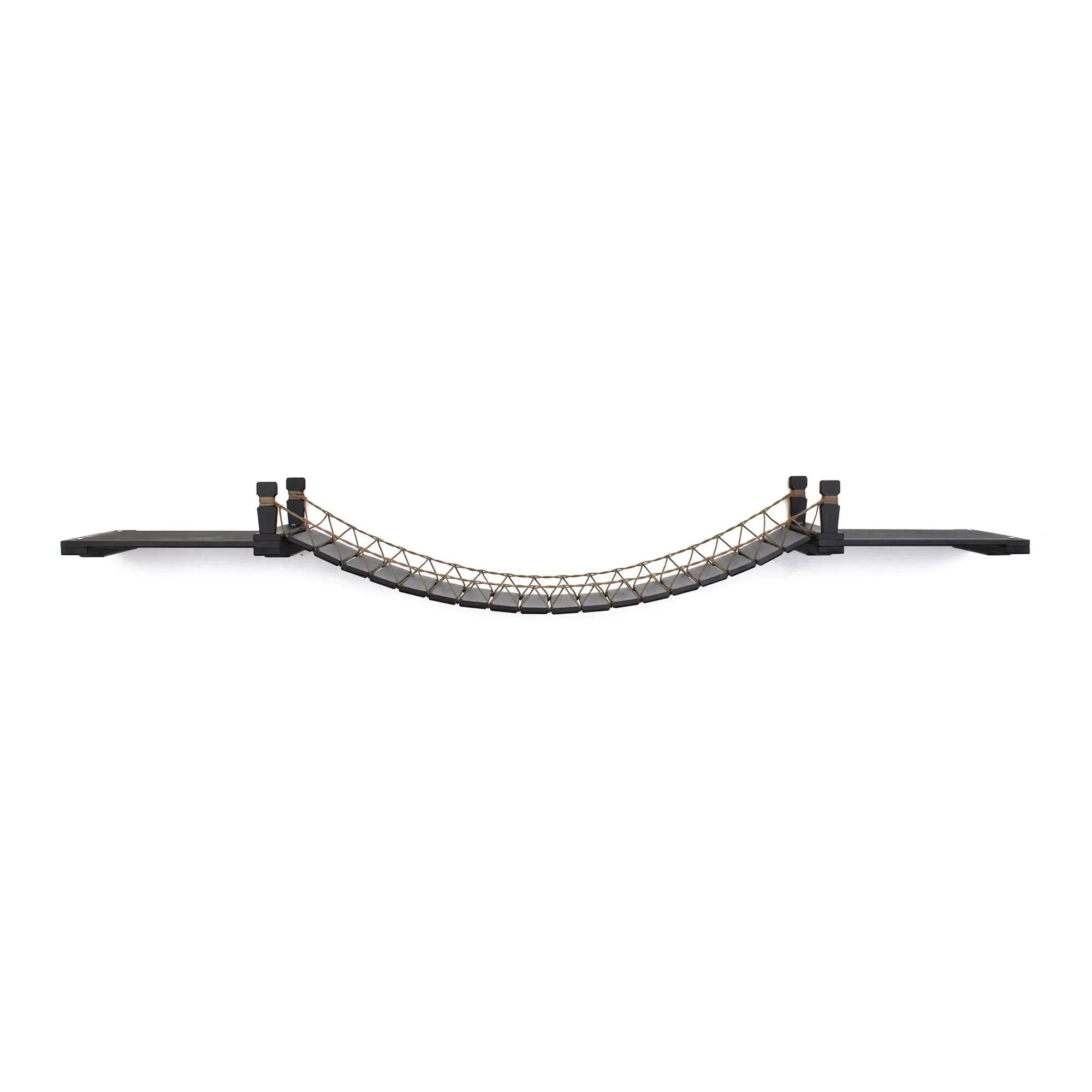 Catastrophic Creations Cat Wall Bridge and Shelf Set; two black shelves linked by a brown rope bridge