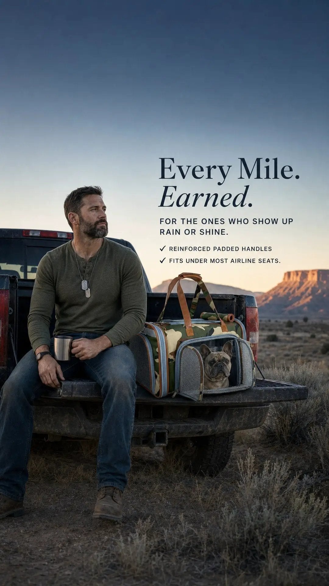 Mr. Peanut's Gold Series standard-size expandable pet carrier prints edition with a dog inside on a pickup tailgate.