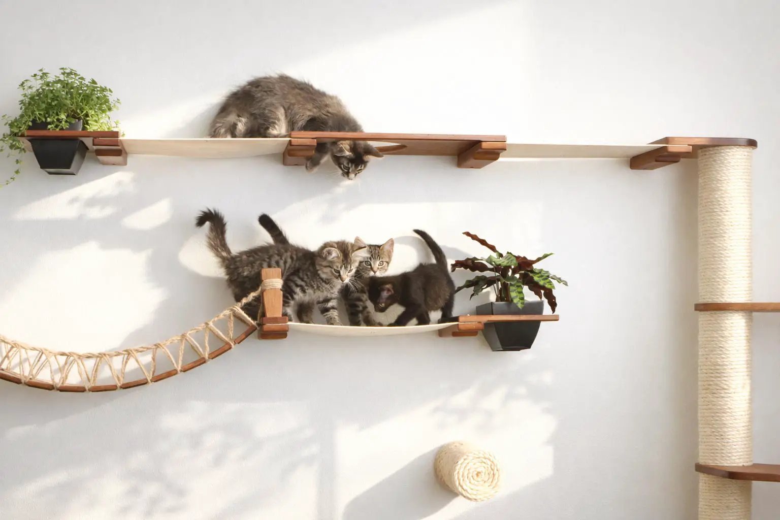 The Juggernaut cat condo wall unit by Catastrophic Creations with hammocks and posts, kittens at play.