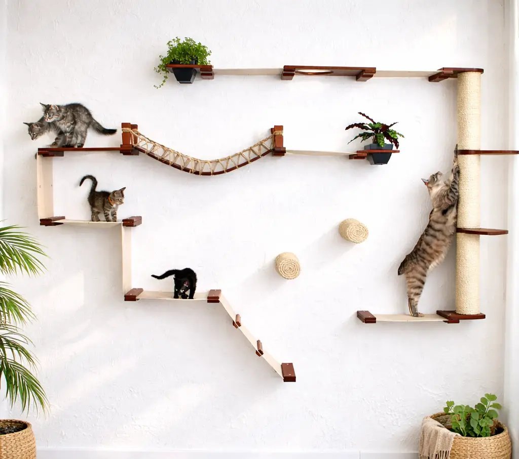 The Juggernaut indoor wall-mounted cat playground; light wood cat condo with rope bridge and multiple cats.