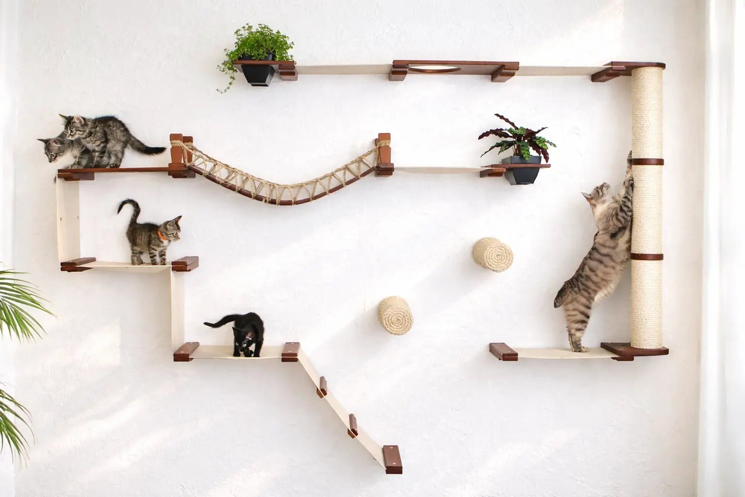 The Juggernaut cat condo by Catastrophic Creations on wall; wooden platforms, rope bridge, rope-wrapped post