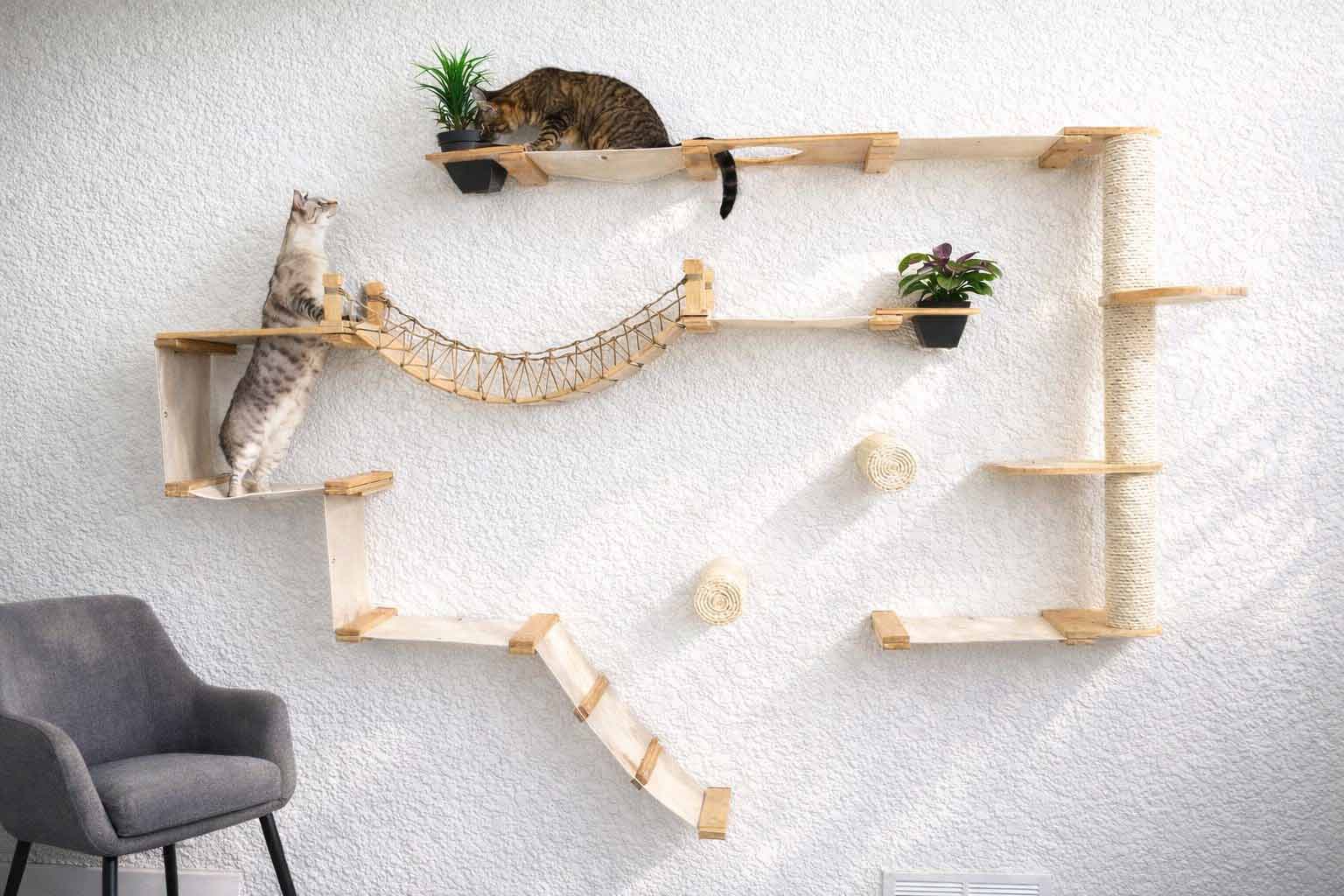 The Juggernaut wall-mounted cat condo in light wood with a rope bridge and two cats