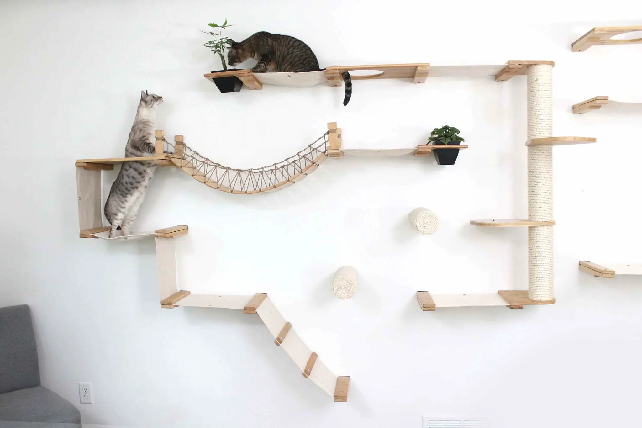 The Juggernaut wall-mounted cat condo by Catastrophic Creations; wooden platforms and rope bridge.