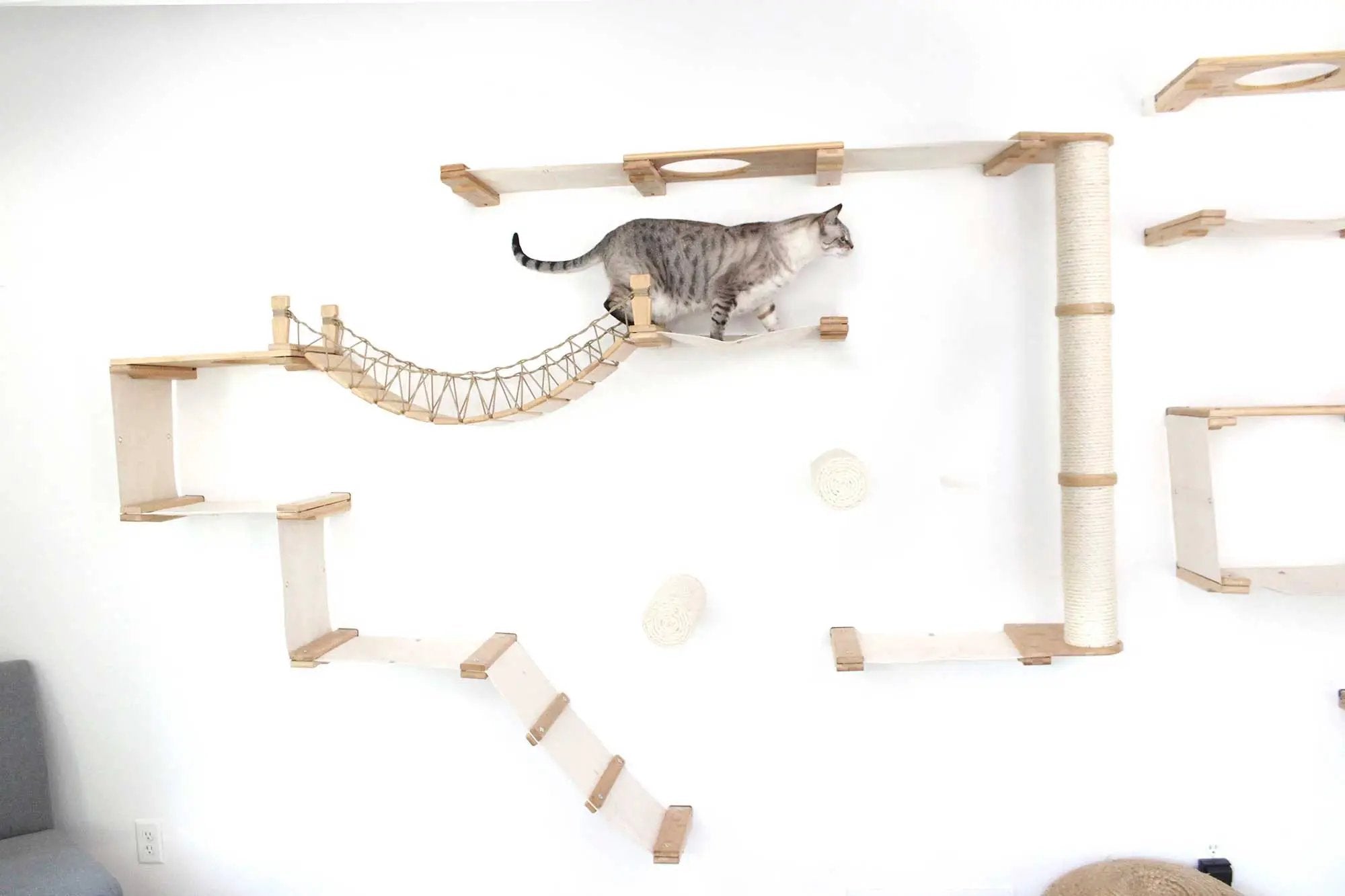 The Juggernaut cat condo by Catastrophic Creations, a wall-mounted cat playground with wooden platforms and rope bridge.