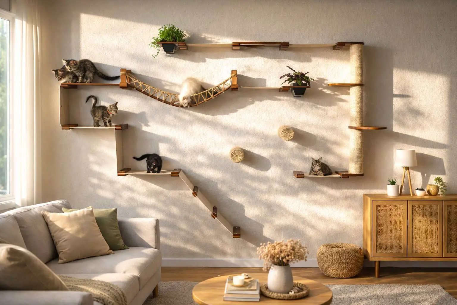 The Juggernaut indoor cat condo on a wall with beige wood platforms and a rope bridge; six cats.