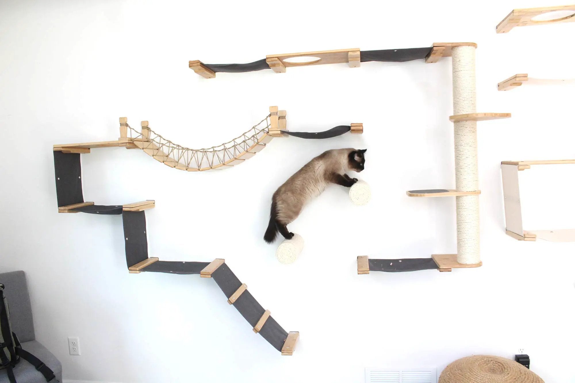 The Juggernaut wall-mounted cat condo and indoor cat playground with wood platforms and rope bridge.