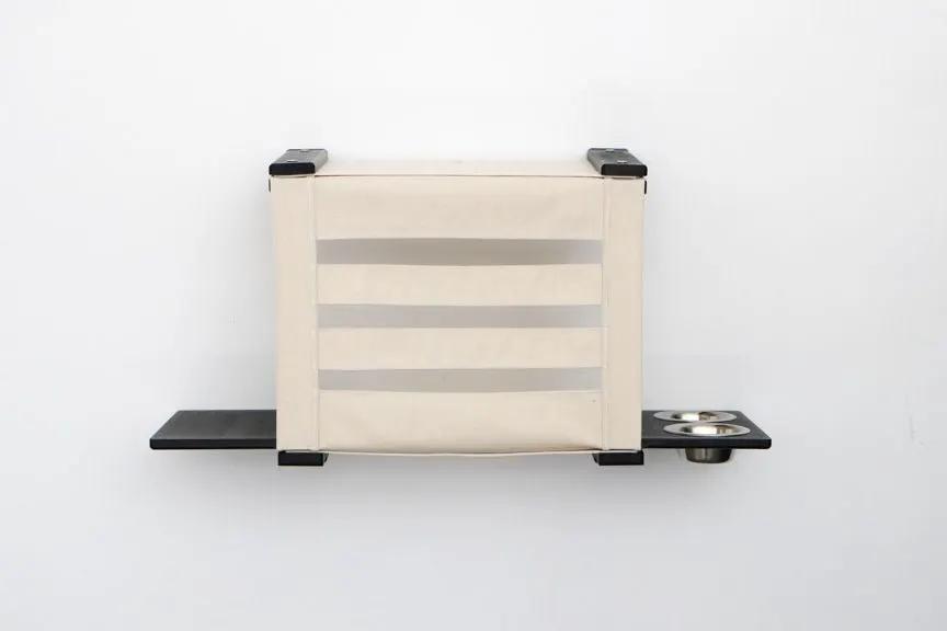 Deluxe Cat Cubby Bed by Catastrophic Creations, beige fabric cat condo with slatted front and side bowl perch