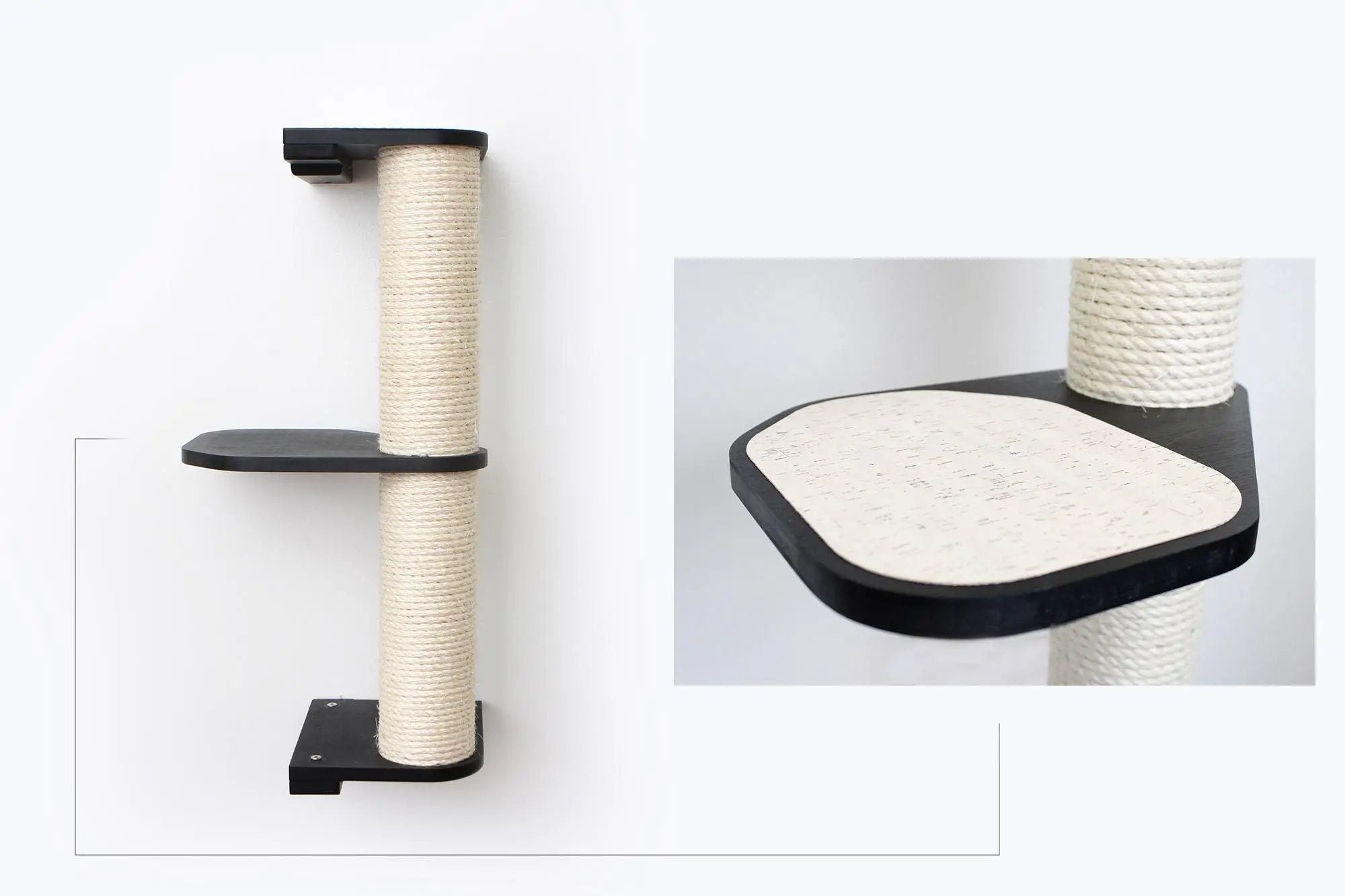 Wall Mounted Cat Climbing Pole - Sisal with natural wrap and black platforms