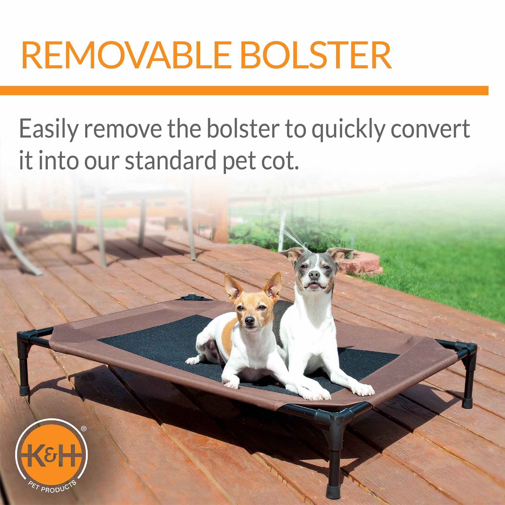 K&H Original Bolster Pet Cot elevated pet bed with removable bolster; brown platform with three dogs.