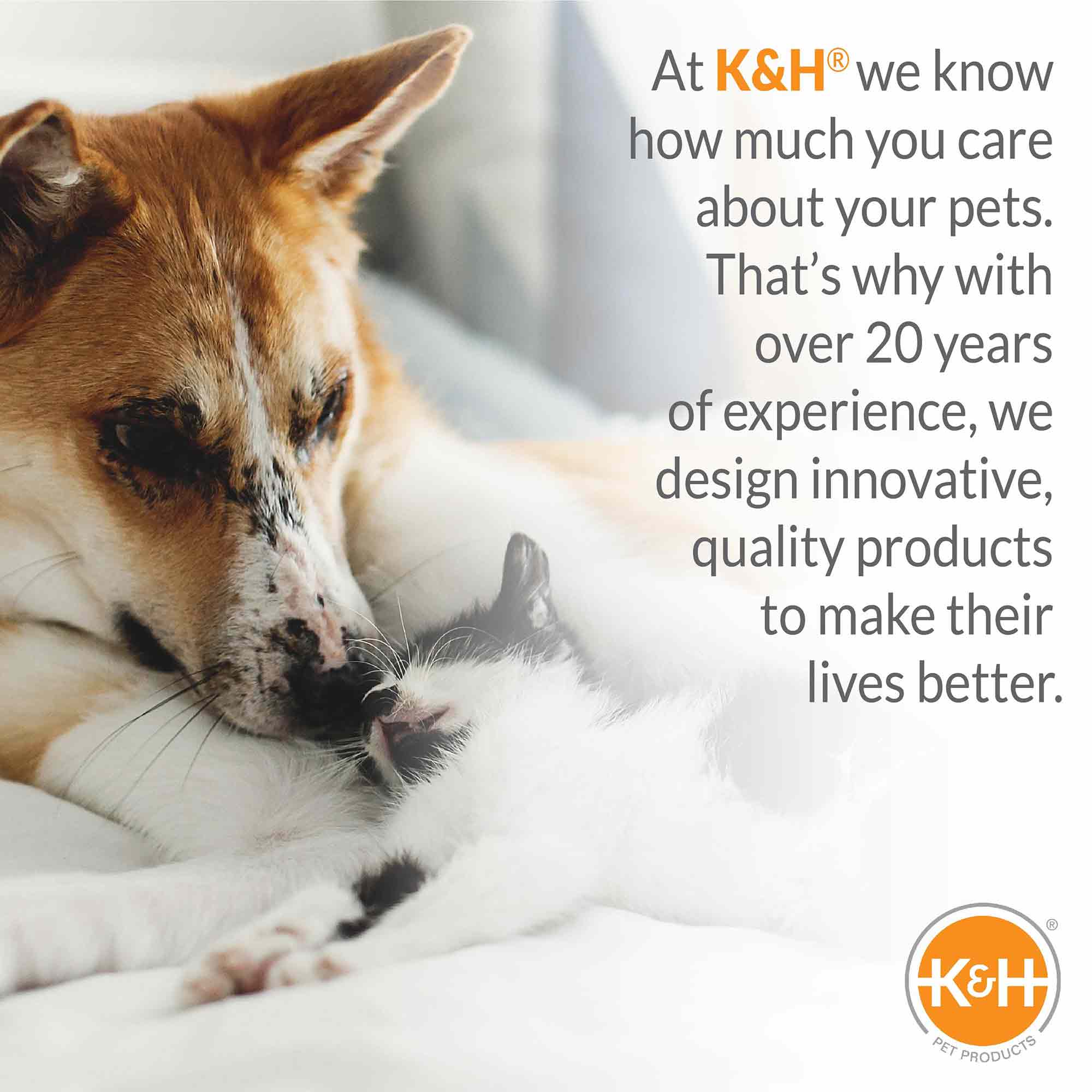 K&H Original Bolster Pet Cot elevated pet bed advertisement with a sleeping dog and K&H logo.