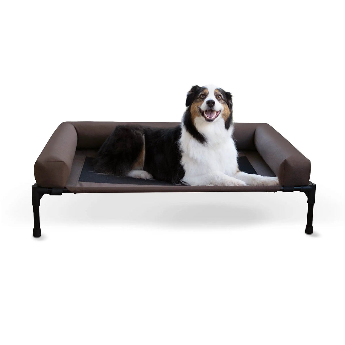 K&H Pet Products Original Bolster Pet Cot elevated dog bed, brown bolster on black frame.