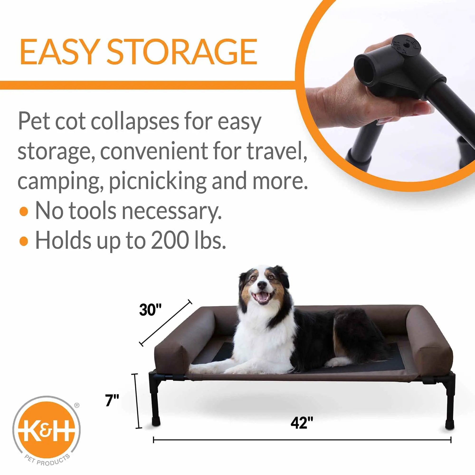 K&H Pet Products Original Bolster Pet Cot elevated dog bed, brown bolster, black frame, 42x30 inches.