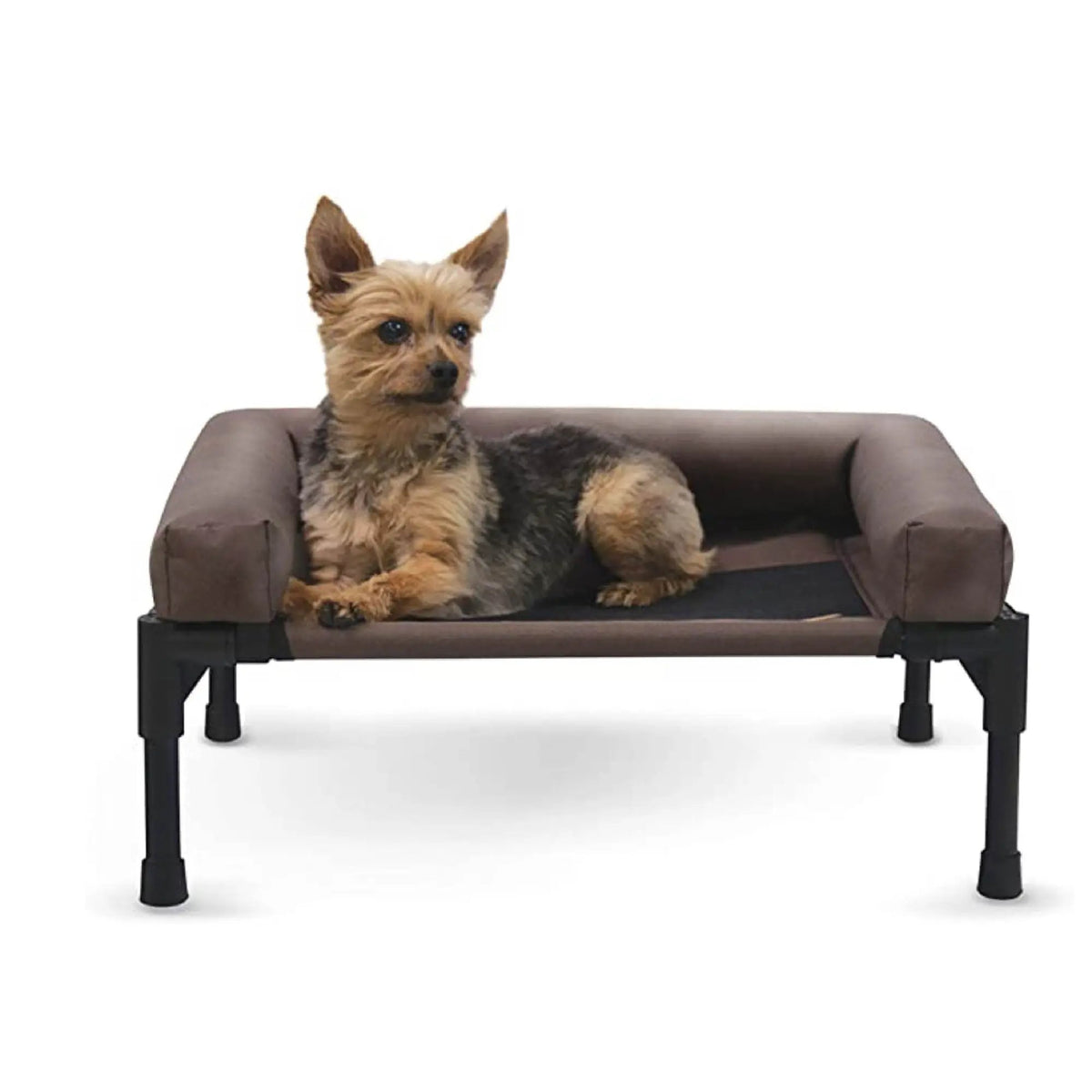 K&H Original Bolster Pet Cot elevated pet bed with brown bolster on black frame