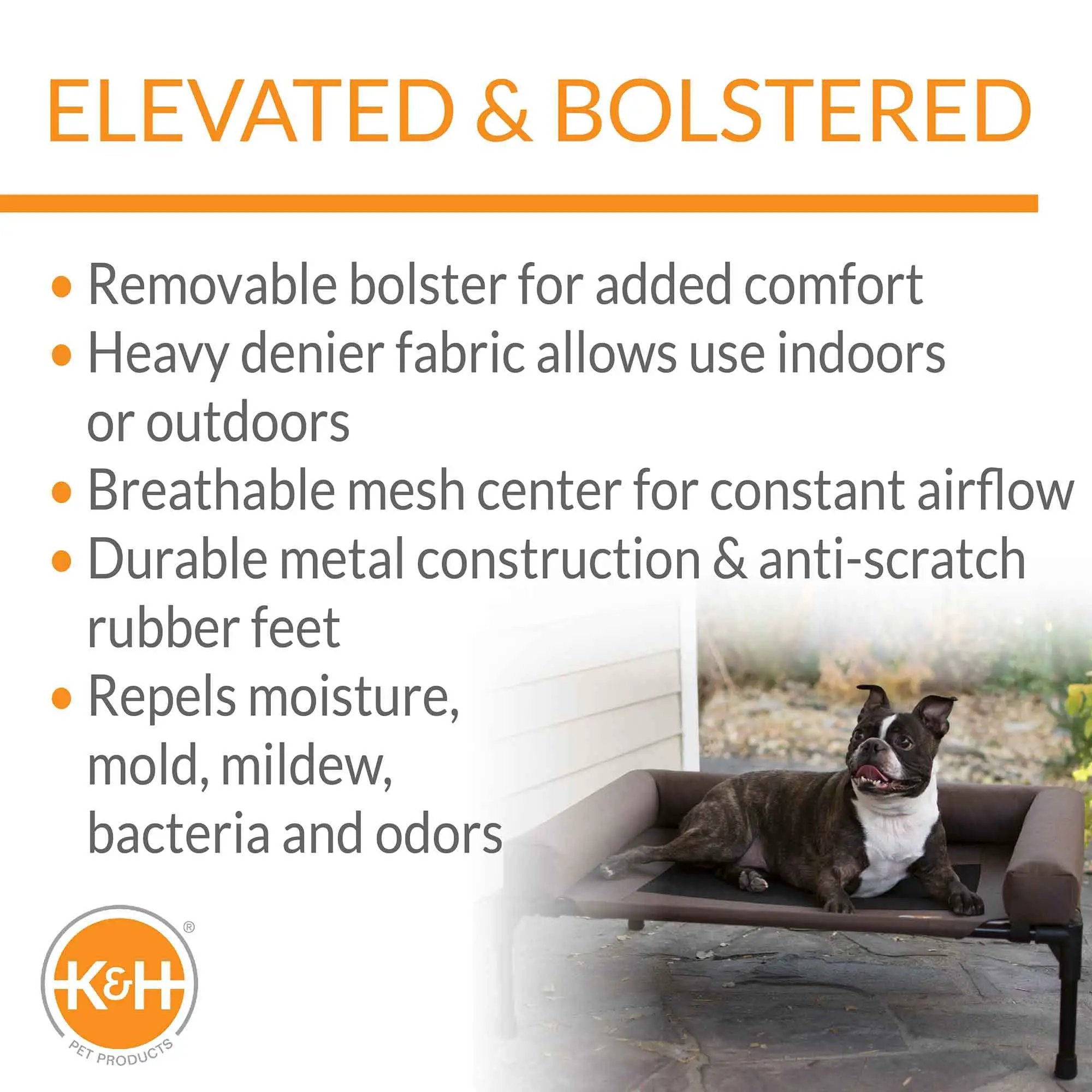 K&H Pet Products Original Bolster Pet Cot elevated pet bed with a dark brown metal frame; two dogs on it.