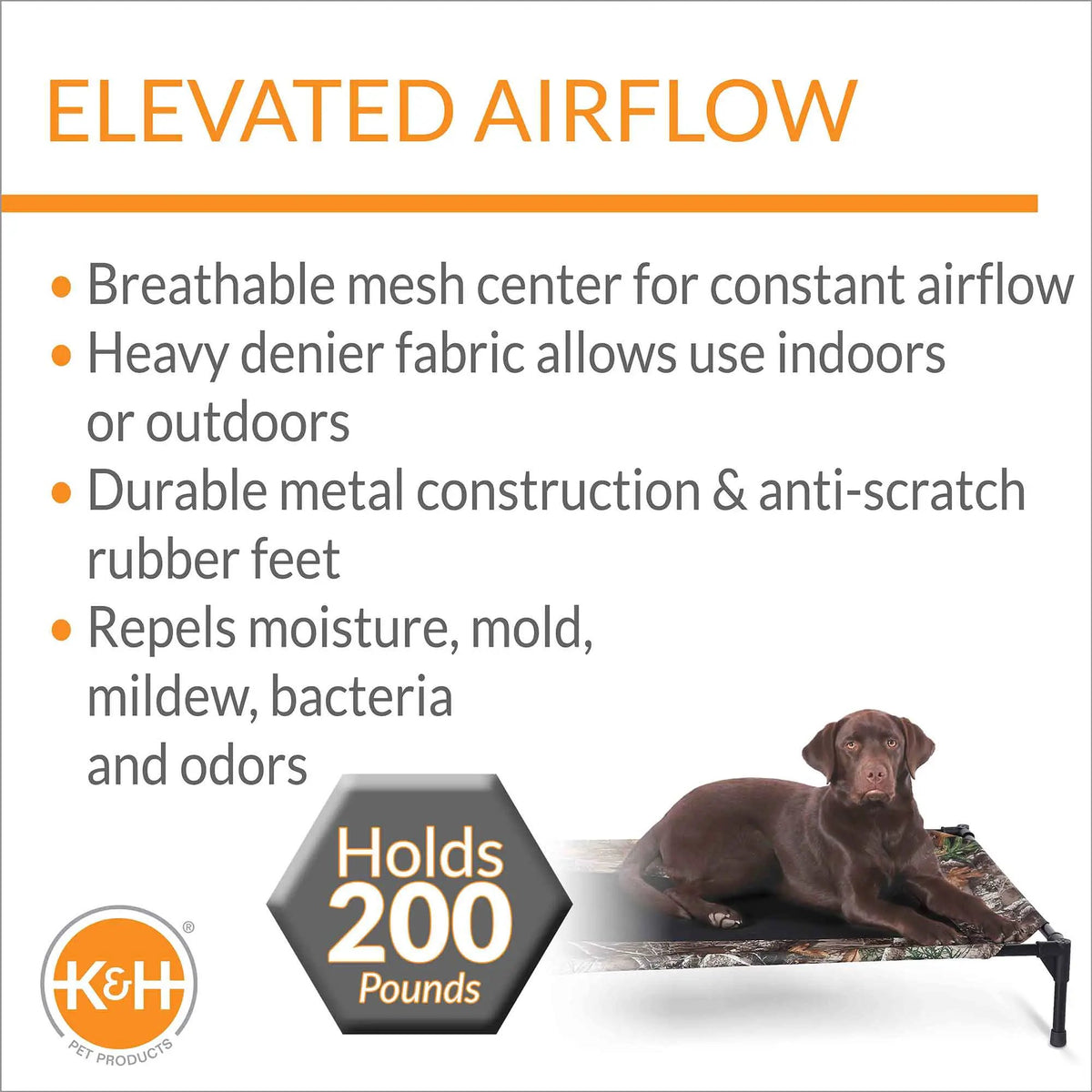 K&H Pet Products Original Pet Cot Elevated Dog Bed, Realtree Edge; breathable mesh, holds 200 pounds