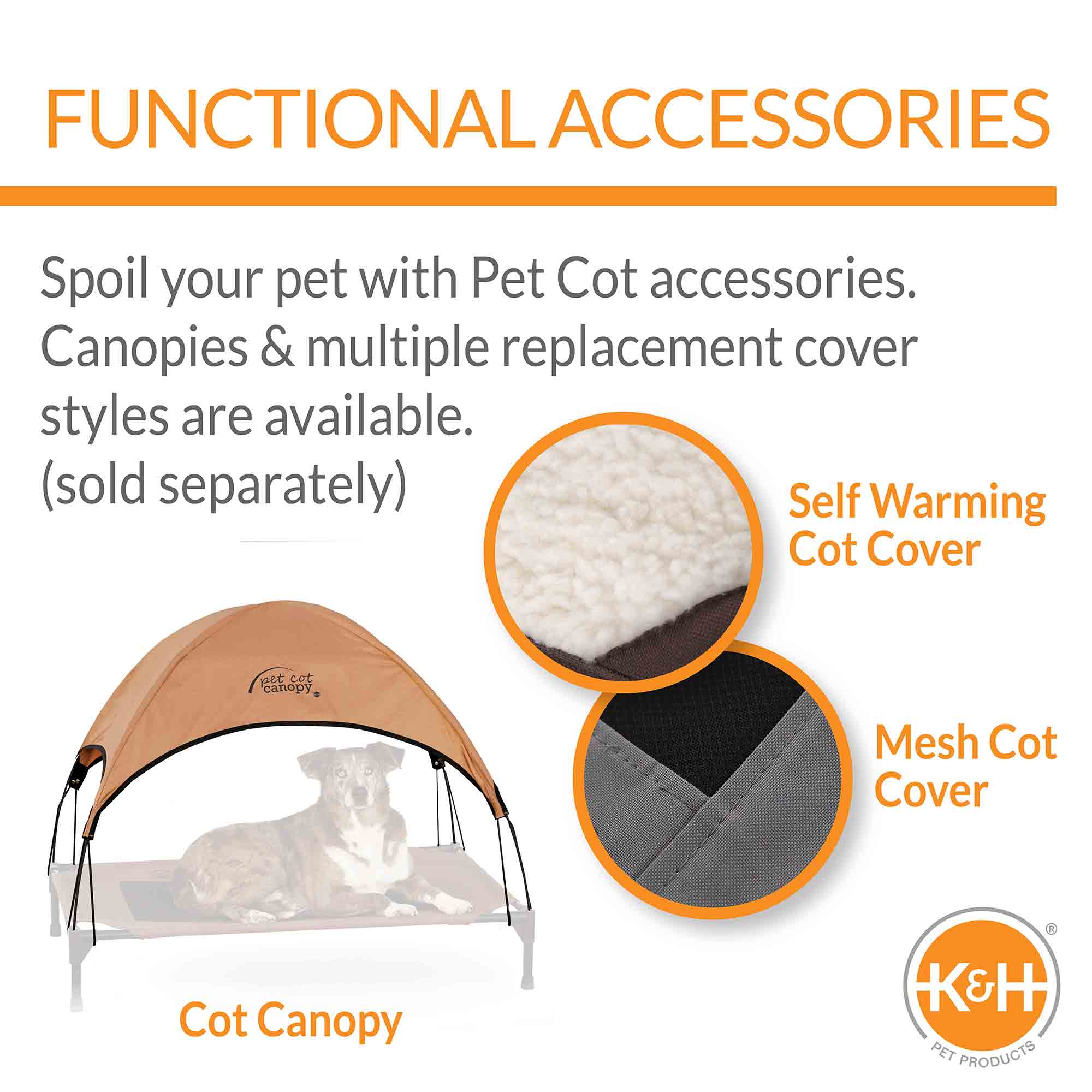 K&H Pet Products Original Pet Cot Elevated Dog Bed, Realtree Edge; beige cot with canopy and multiple cover options.