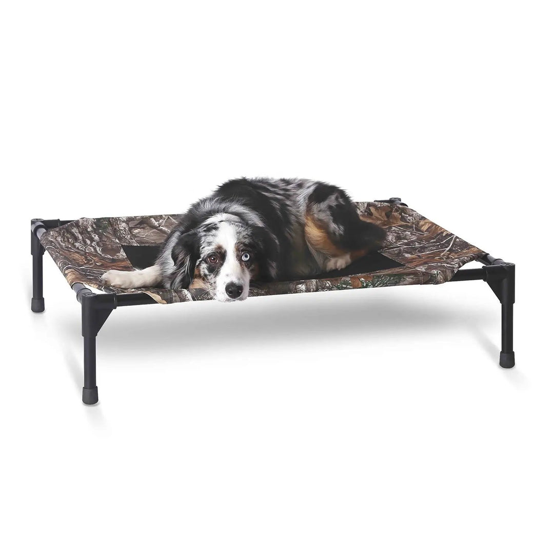 K&amp;H Original Pet Cot Elevated Dog Bed in Realtree Edge camouflage with black metal frame