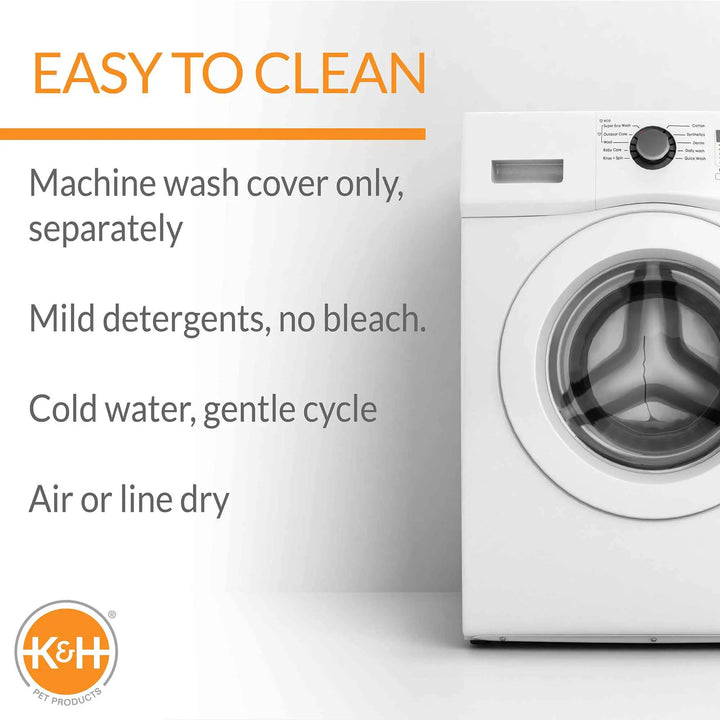 K&amp;H Pet Products logo on a white washing machine ad with Easy to Clean text and detergent notes