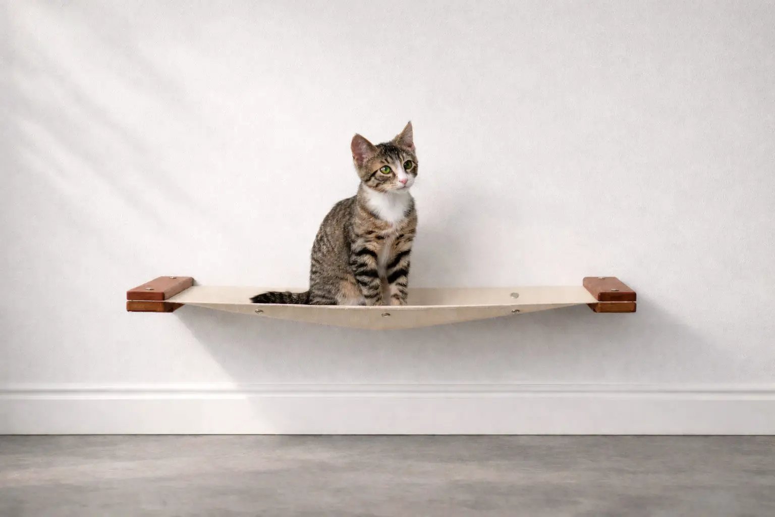 Catastrophic Creations Hanging Cat Bed Hammock, beige fabric cat perch on wall with wooden ends