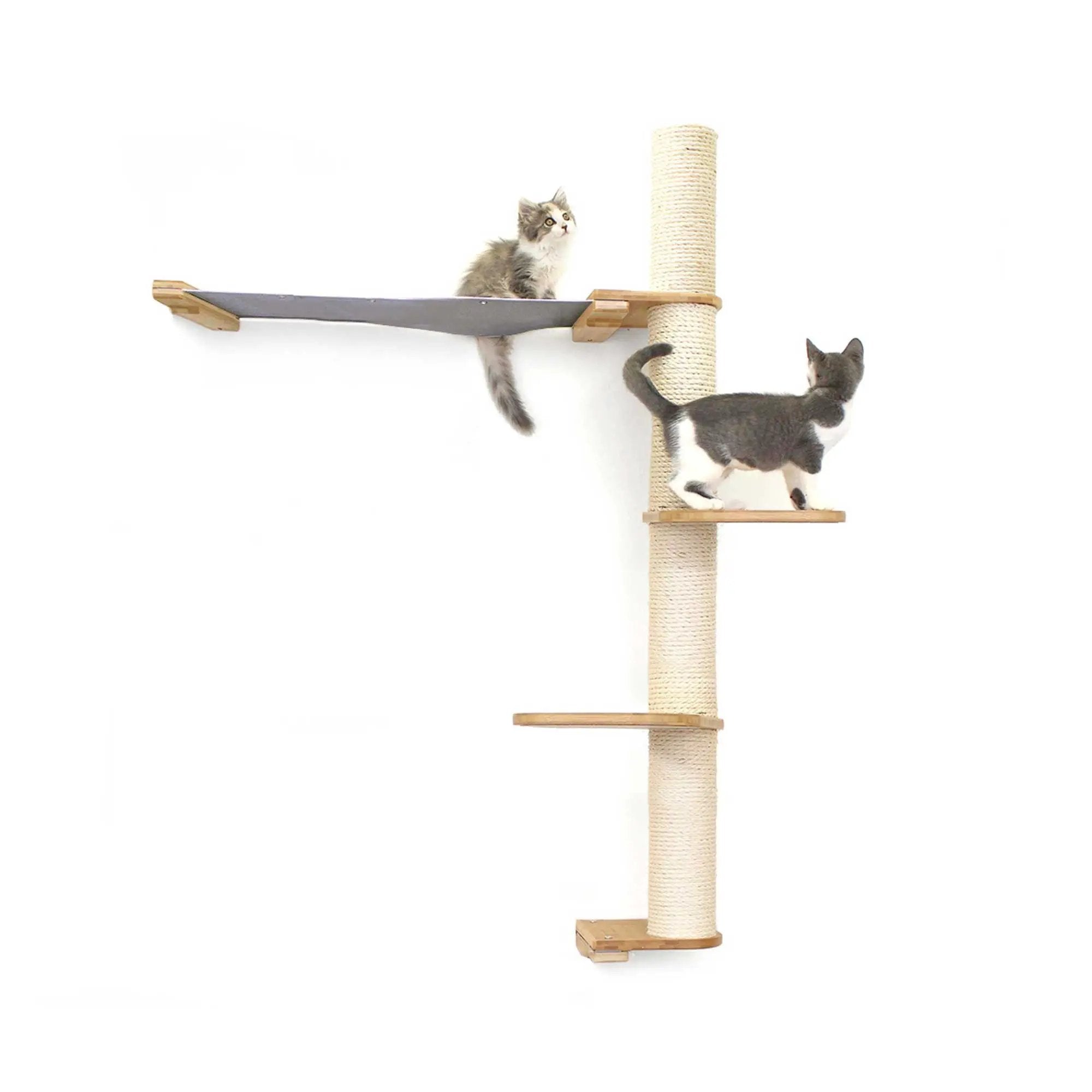 The Crow's Nest wall cat condo with hammock by Catastrophic Creations; beige sisal post with wooden platforms and two cats.