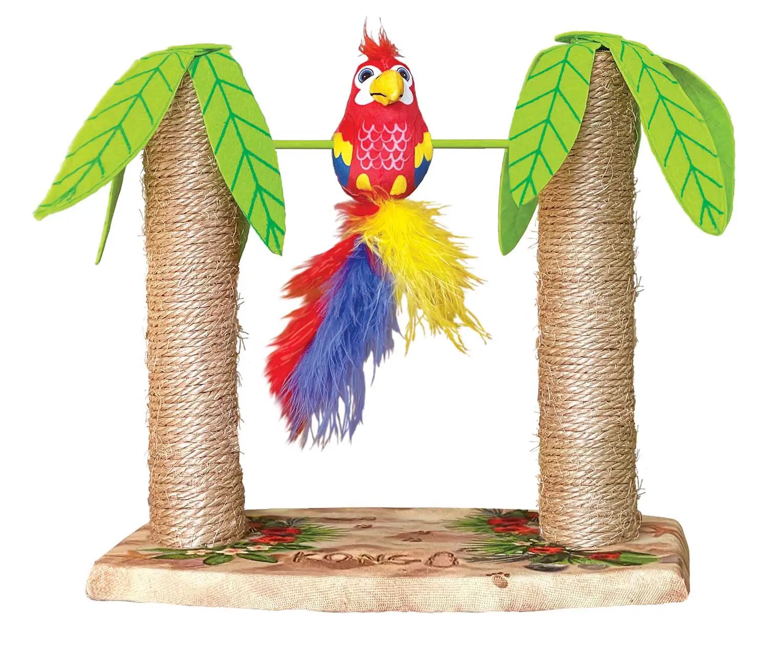 KONG Play Spaces Cat Tiki Twirl on palm-tree cat tree; multicolor feather toy by Jeffers