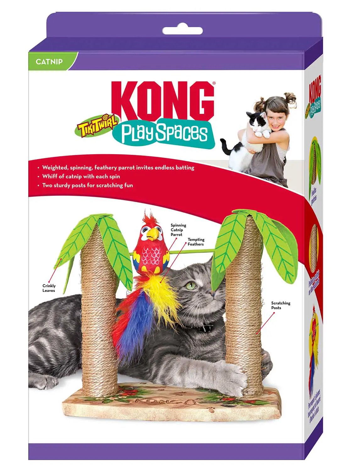 KONG Play Spaces Cat Tiki Twirl cat toy with two rope-wrapped posts and a colorful feathered parrot