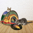 Load image into Gallery viewer, KONG Play Spaces Glamping Tent by Jeffers; colorful tunnel cat toy with guitar graphic, 2 cats nearby.
