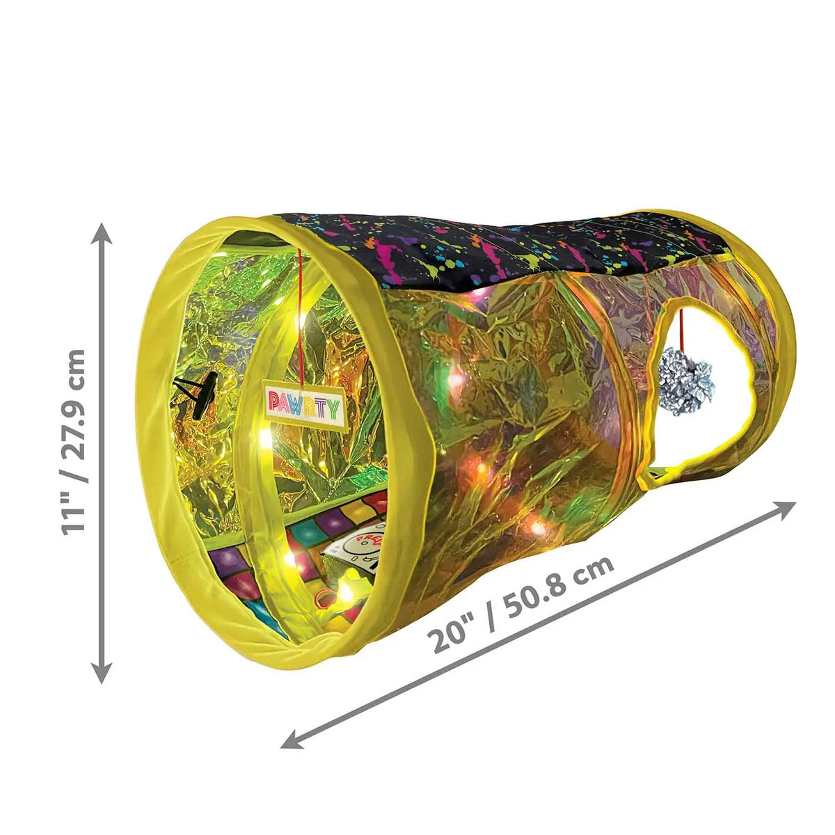 KONG Play Spaces Rave Cave cat toy tunnel with yellow arches and holographic reflective panels.
