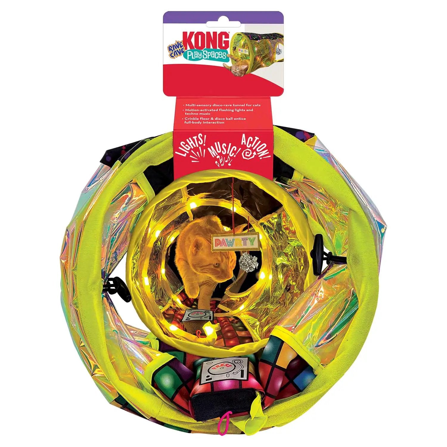 KONG Play Spaces Rave Cave cat toy tunnel, neon yellow holographic exterior, by Jeffers