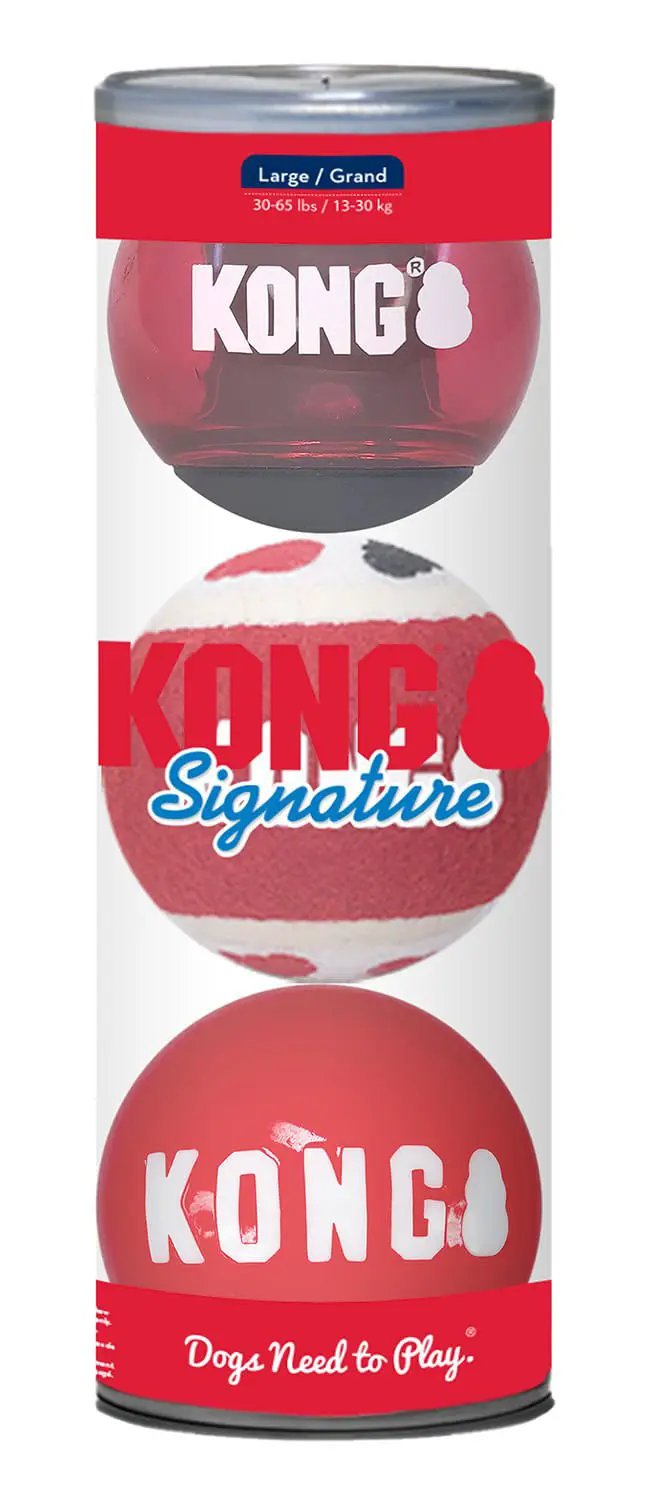 KONG Signature Fetch Dog Toy Balls, Multi-Pack; three red, pink and white balls in a clear package.