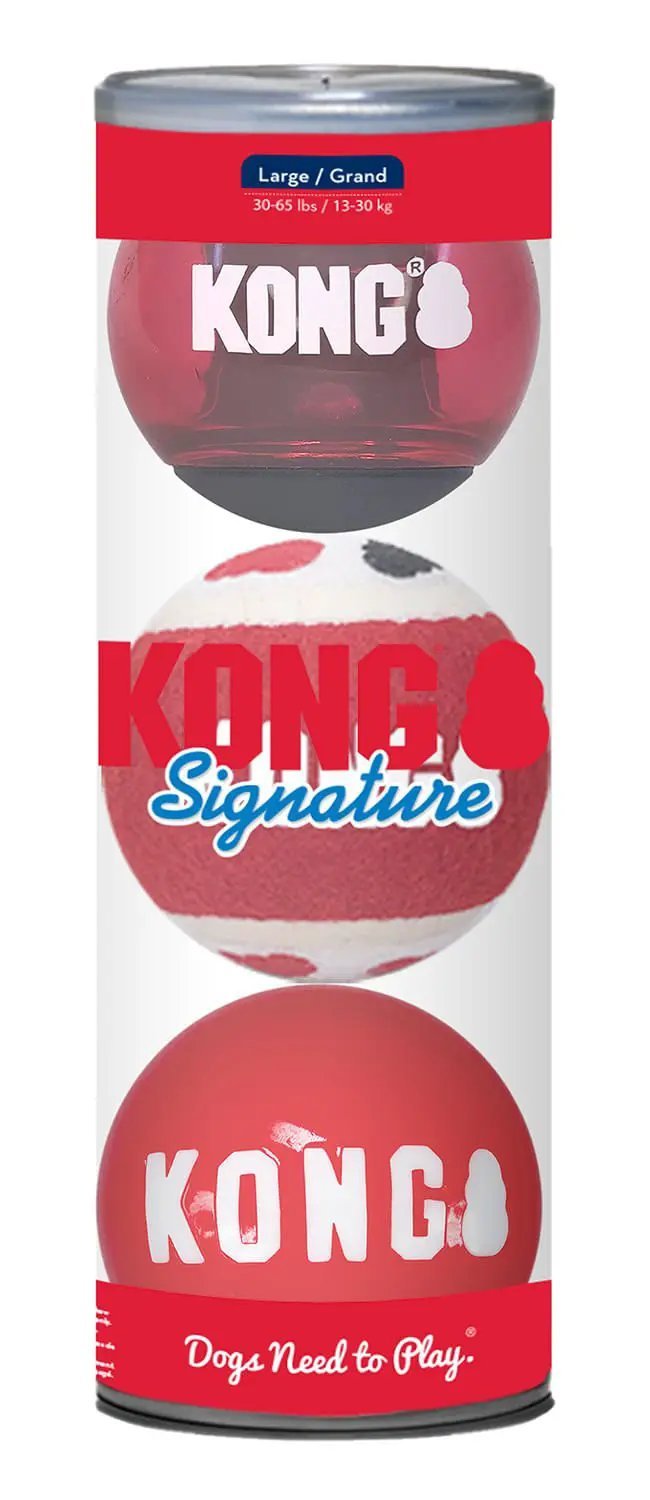 KONG Signature Fetch Dog Toy Balls, Multi-Pack; three red, pink and white balls in a clear package.