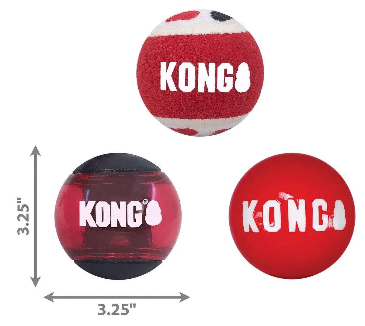 KONG Signature Fetch Dog Toy Balls, multi-pack with three red balls bearing the white KONG logo
