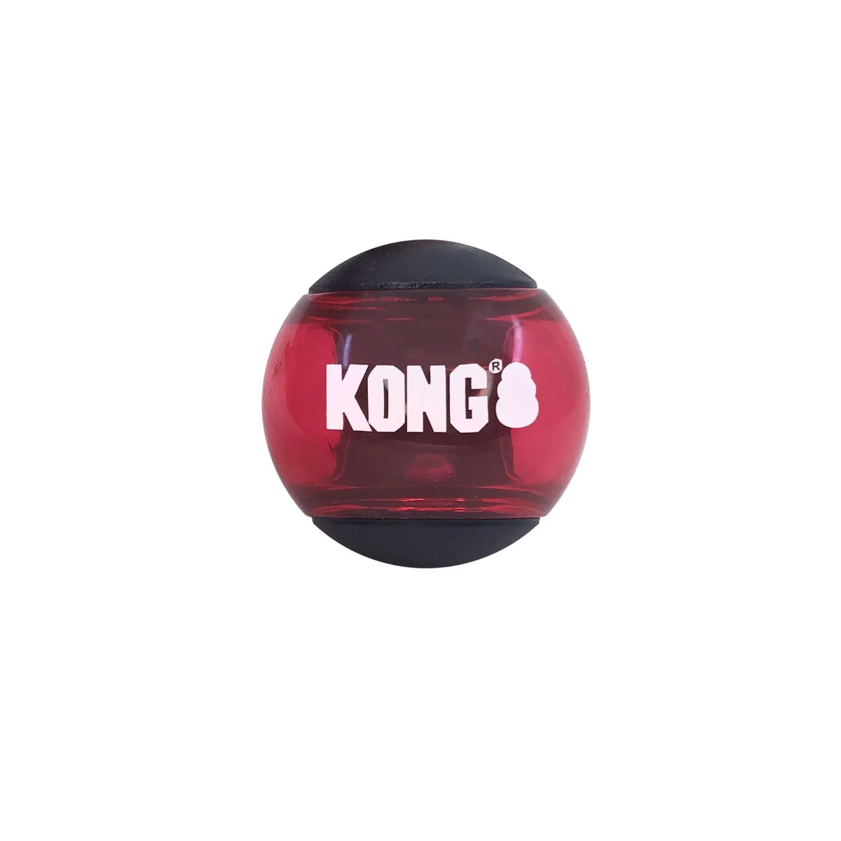KONG Signature Fetch Dog Ball, red translucent with black ends and visible KONG logo