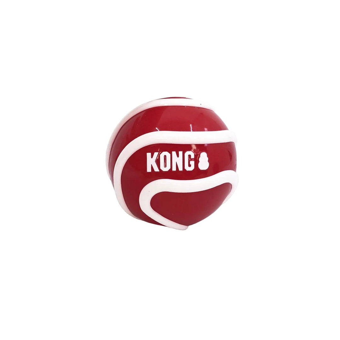 KONG Signature Fetch dog toy ball, red with white stripes; brand logo visible, multi-pack