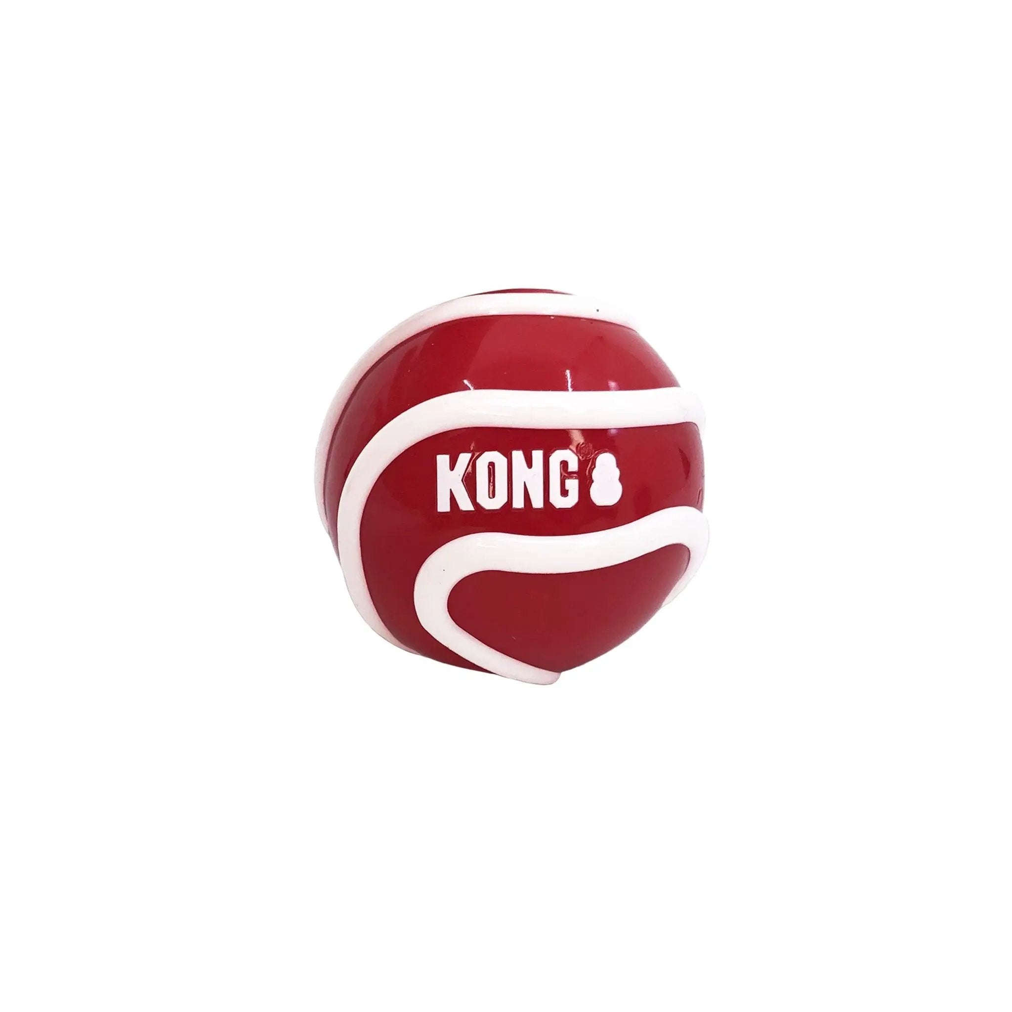 KONG Signature Fetch dog toy ball, red with white stripes; brand logo visible, multi-pack