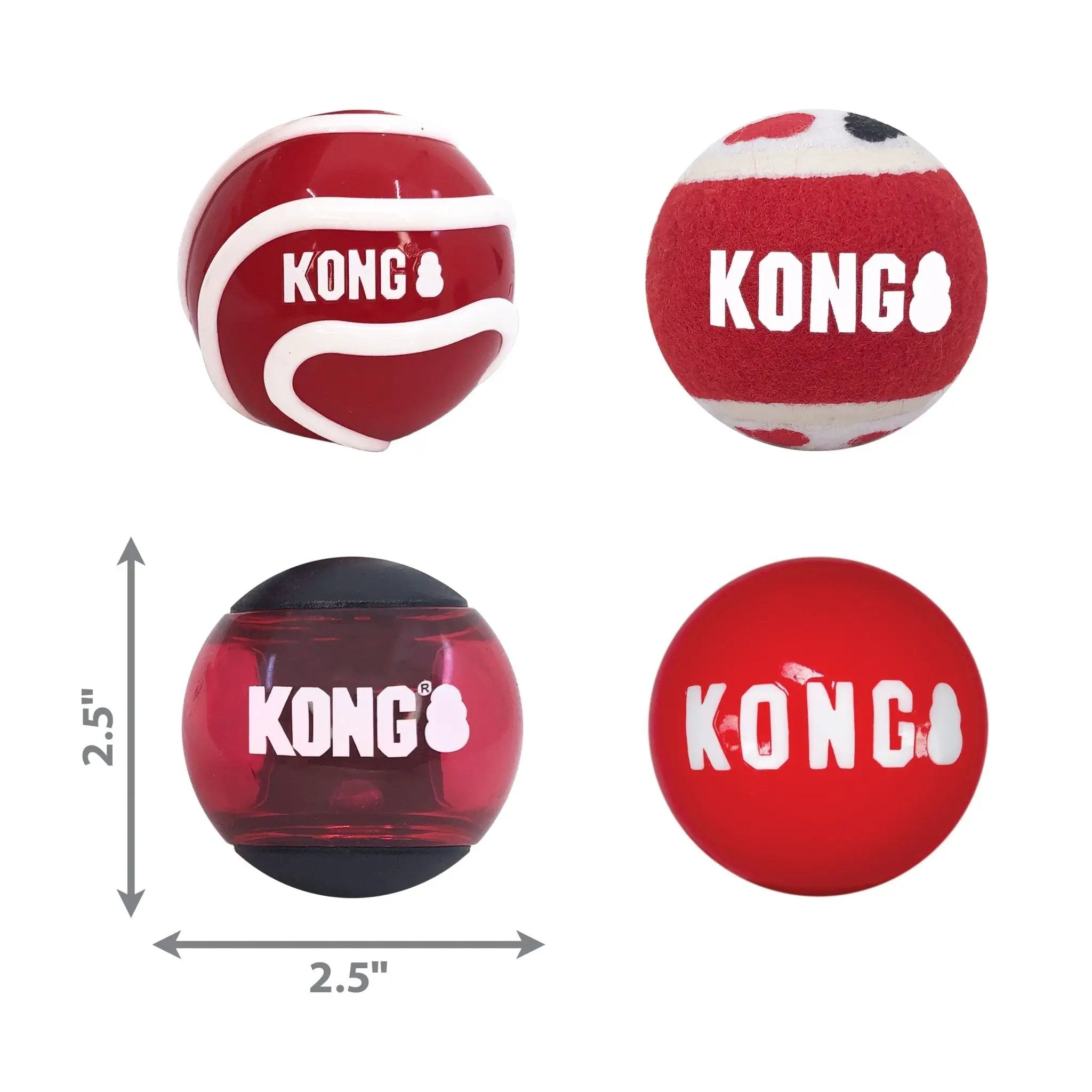 KONG Signature Fetch dog toy balls, 4-ball multi-pack in red with white branding