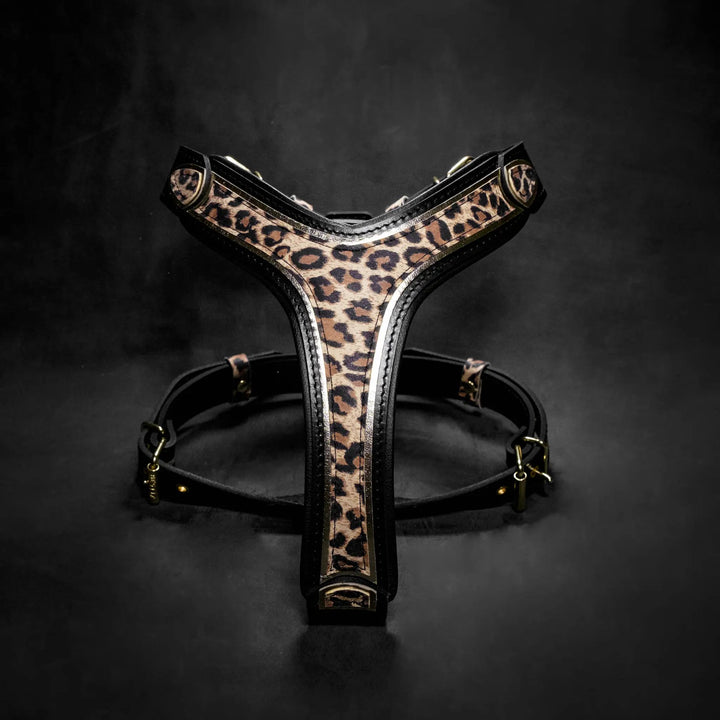 Bestia Leopard print leather dog harness