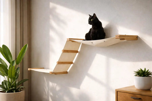 The Raceway wall-mounted cat hammock with wooden steps and beige fabric sling, a black cat perched on top.