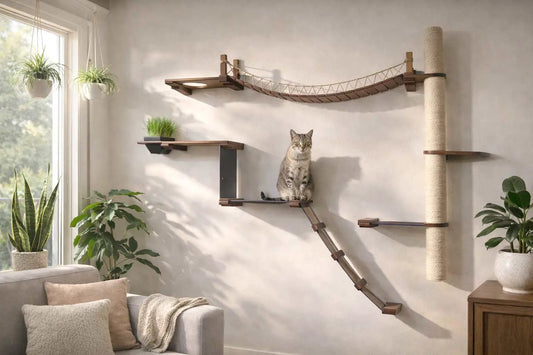 The Expedition Cat Jungle Gym Wall System by Catastrophic Creations; wooden cat condo with rope bridge.