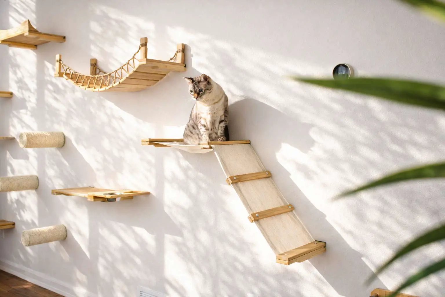 The Lift- Cat Hammock Bed by Catastrophic Creations; natural wood wall-mounted cat hammock with ramps