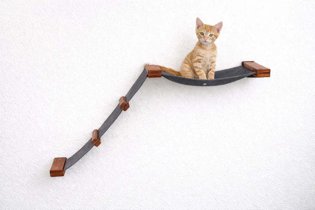 The Lift Cat Hammock Bed, grey fabric hammock with wooden support blocks