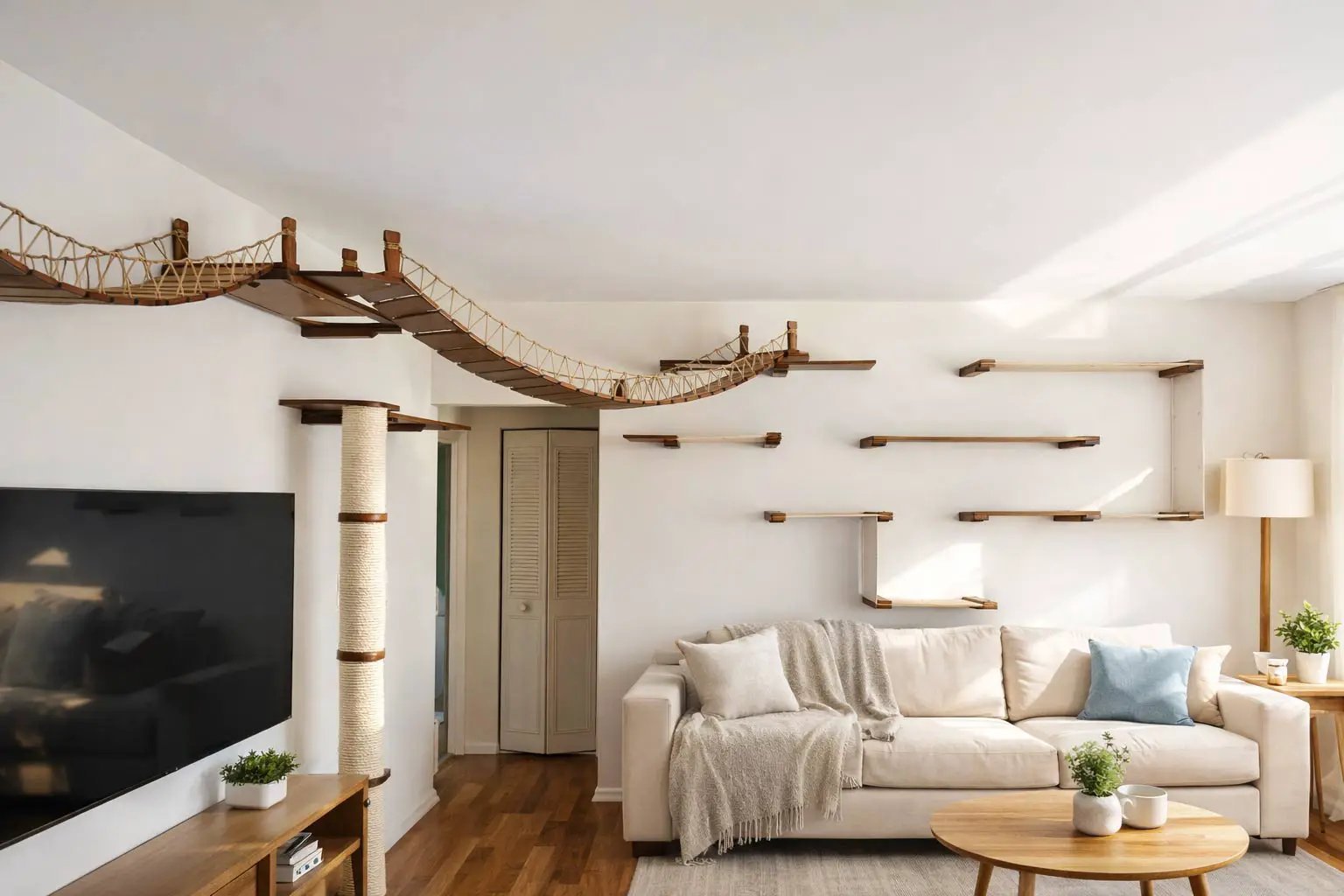 Corner Cat Shelf Bridge by Catastrophic Creations, wooden cat bridge and wall shelves in natural tones.