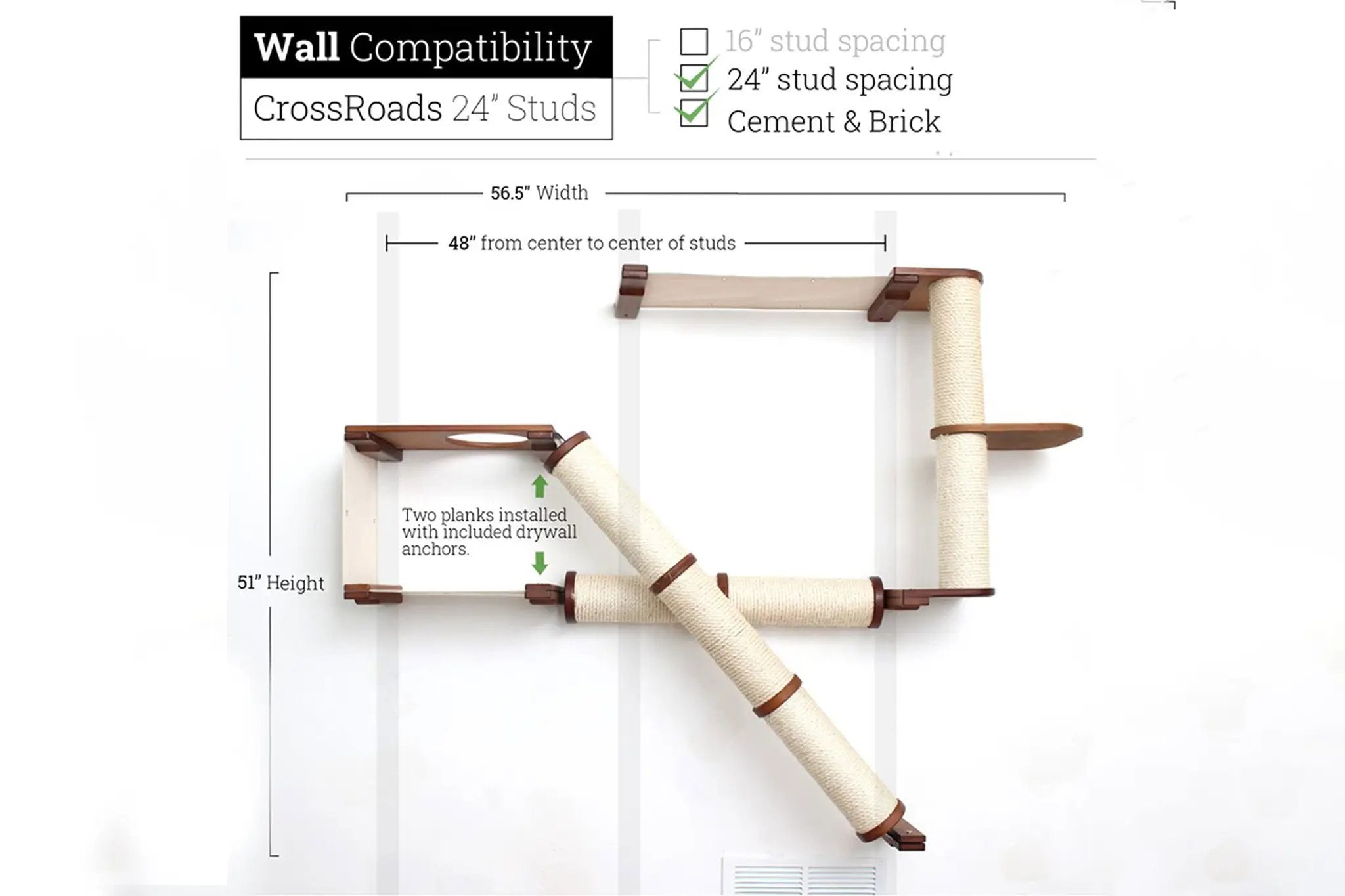 The Crossroads Cat Wall Scratcher - Catastrophic Creations cat condo with ramp and sisal-wrapped posts