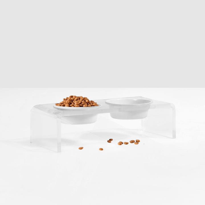 Hiddin Clear Acrylic Double Feeder with Black or White Bowls – 3 in High