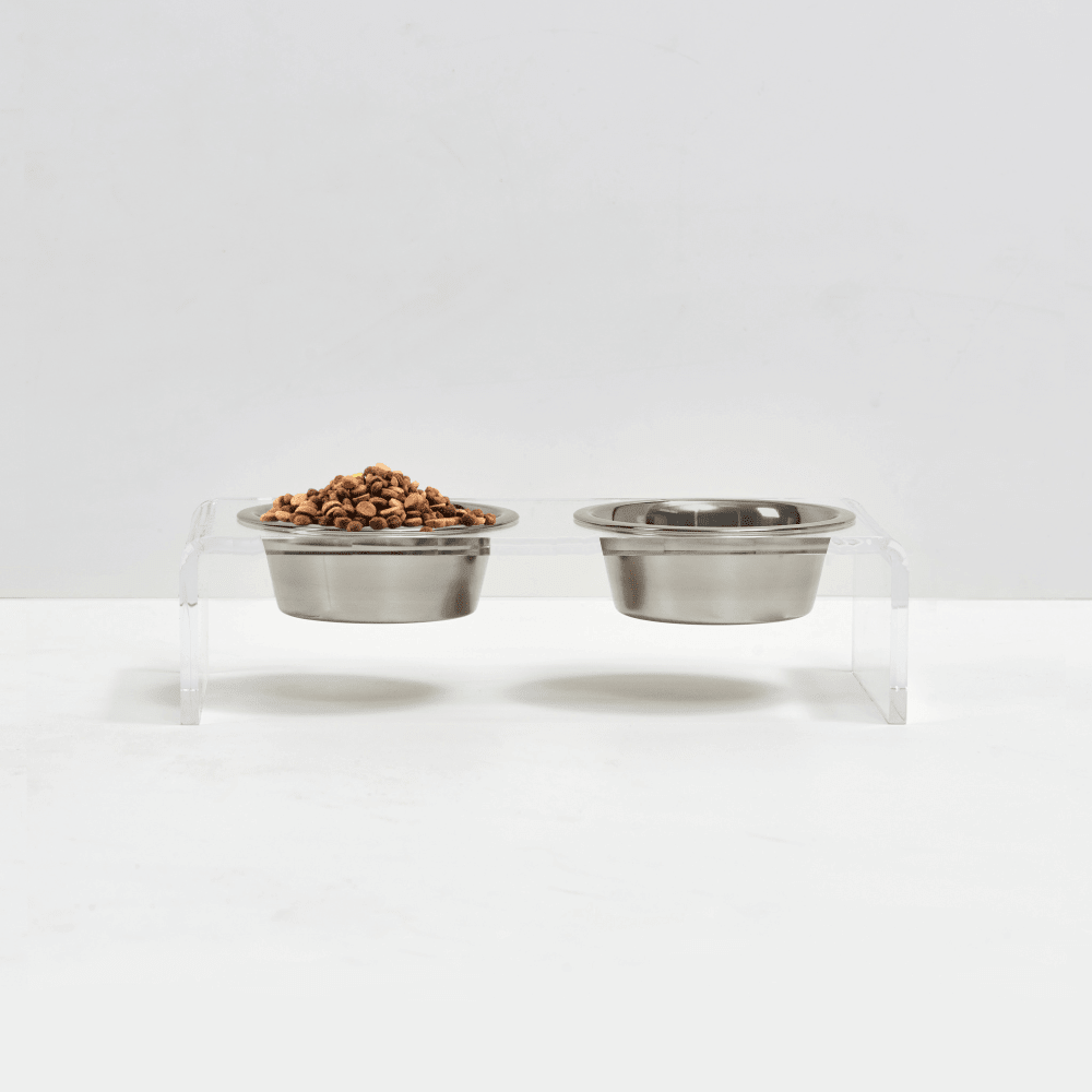 Hiddin Clear Acrylic Double Feeder with Silver Bowls – 3 in High