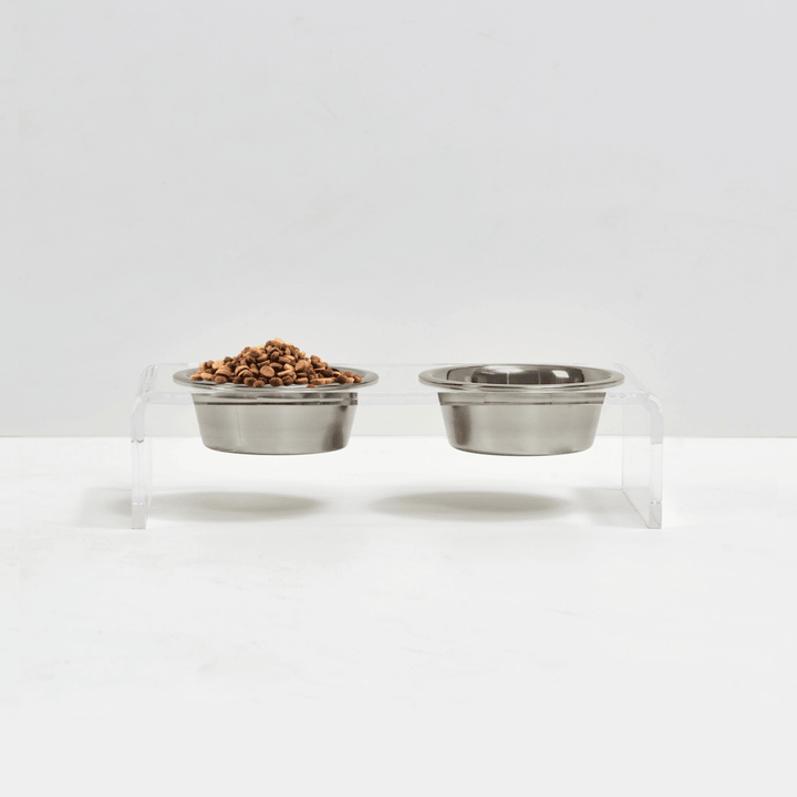 Hiddin Clear Acrylic Double Feeder with Silver Bowls – 3 in High