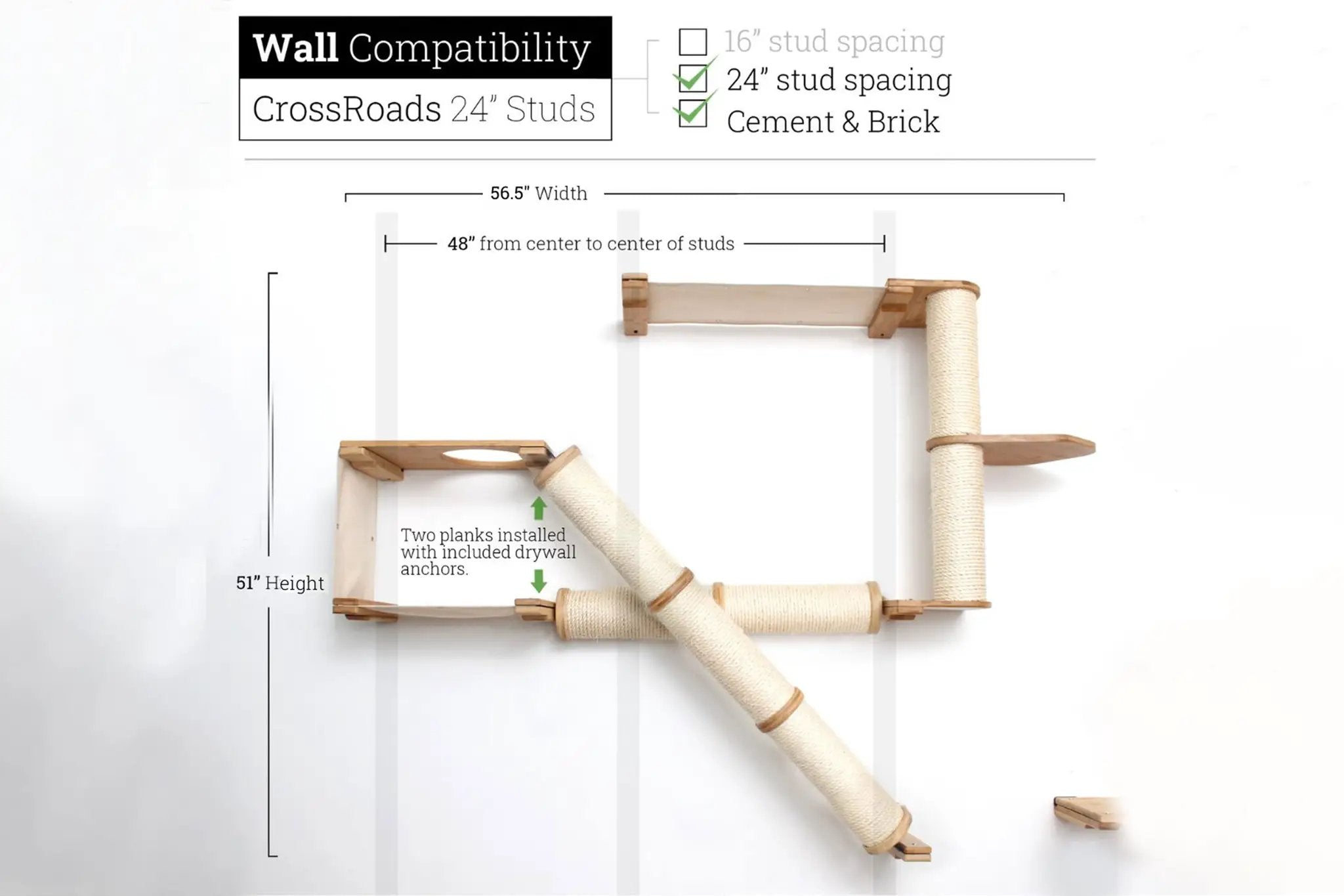 The Crossroads Cat Wall Scratcher Tree with Ramp by Catastrophic Creations; wooden cat condo with sisal rope posts.